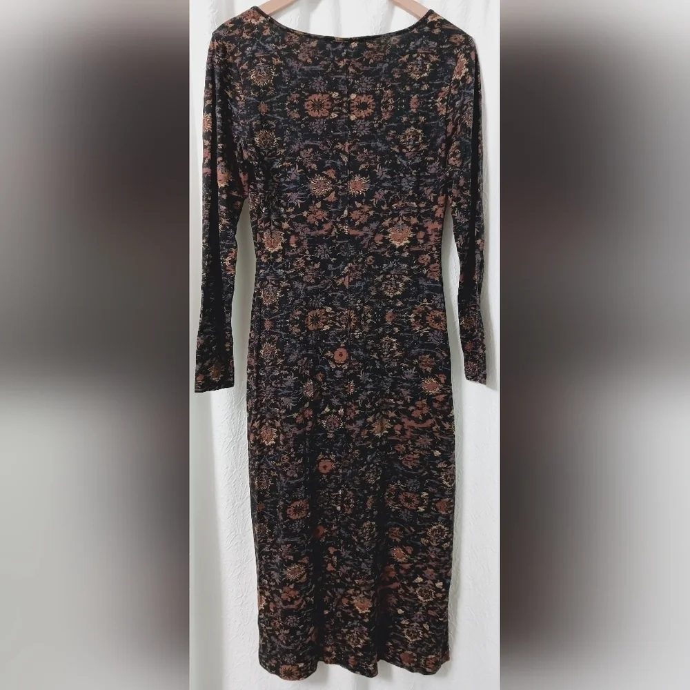PeruvianConnection Dynasty Floral Black Jersey Scoop Neck Long Sleeves Midi Sz S